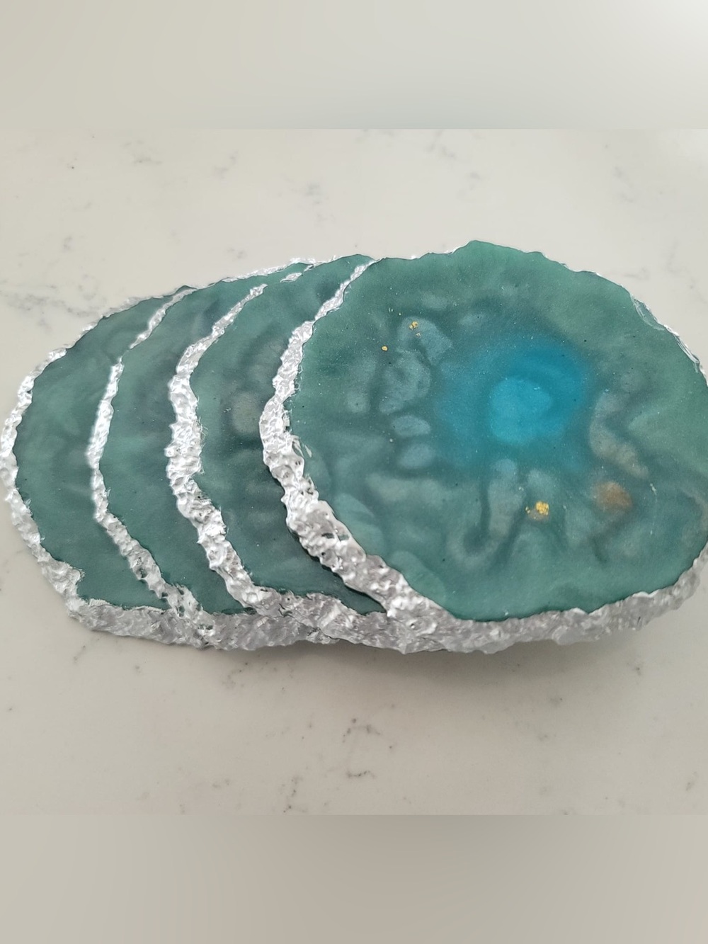 Handmade Teal Resin Agate Coasters with Silver Edge - Home Art